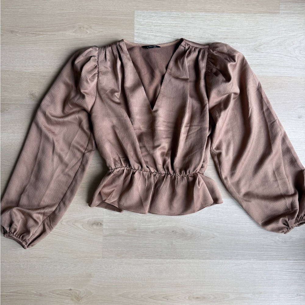 Express Brown V-Neck Peplum Blouse